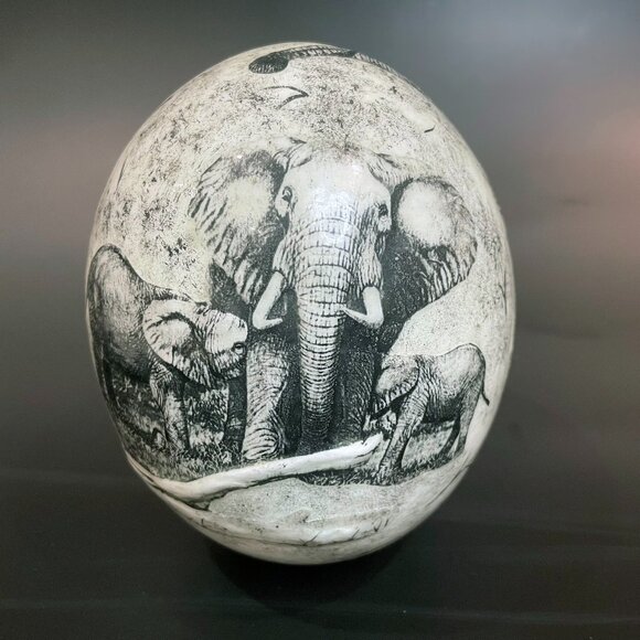 Ostrich Egg with Hand Drawn African Elephants. 5.5" x 5.5" x 7.5" - Picture 1 of 7